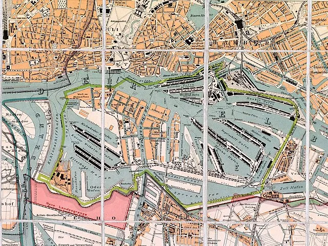 Grenzen des Freihafengebiets um 1900 (hellgrün), später nach Westen (Waltershof, Altenwerder) erweitert.