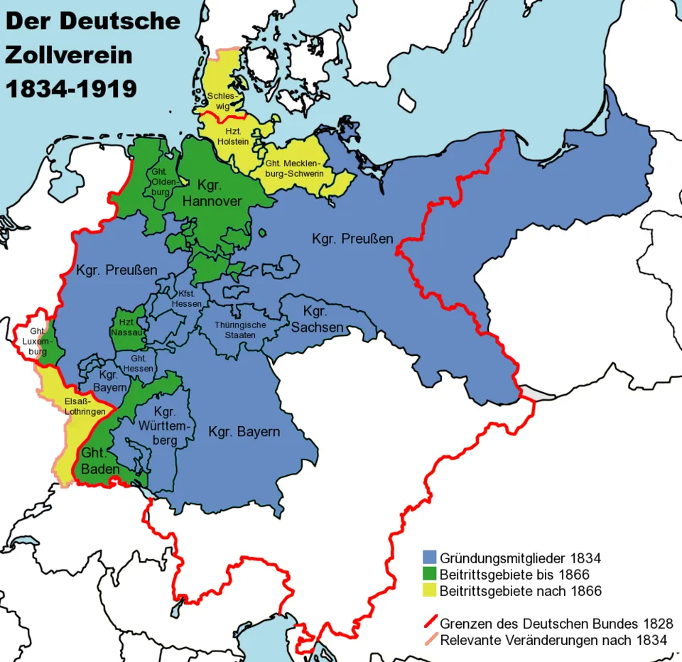 Der Deutsche Zollvereinblau: zum Zeitpunkt der Gründunggrün / gelb: Erweiterungen bis / nach 1866