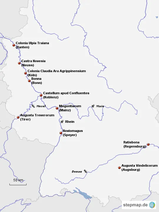 Römische Stadtgründungen im heutigen Deutschland - erstellt auf Stepmap.de - 2012