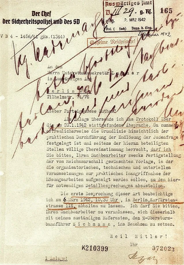 Begleitschreiben Heydrichs an Martin Luther (26. Februar 1942) zur Übersendung des Protokolls der Wannseekonferenz.