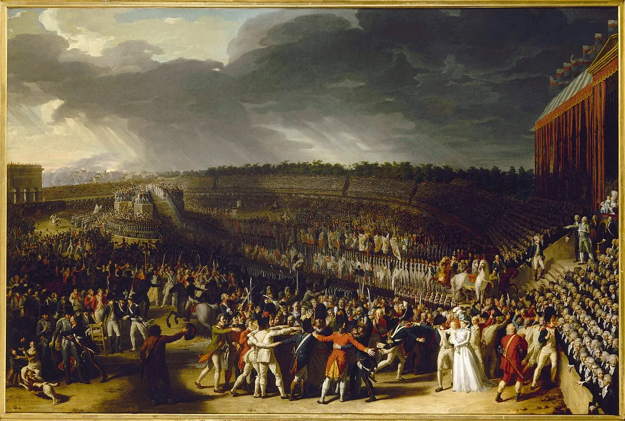 Die Fête de la Fédération auf dem Pariser Marsfeld am 14. Juli 1790. Gemälde von Charles Thévenin, 1792.
