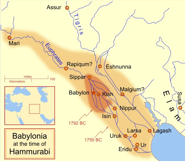 Babylonian territory before (red) and after (orange) Hammurabi's reign