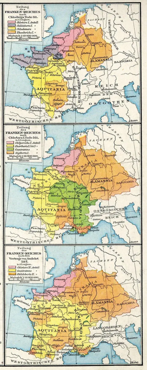 Die Reichsteilungen nach dem Tode Chlodwigs I. (511), Chlothars I. (561) und dem Vertrag von Andelot (587)