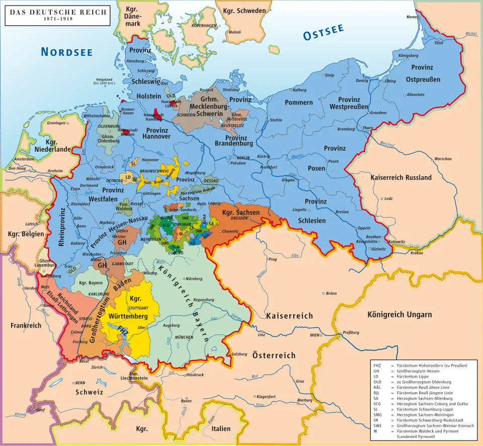 Karte des Deutschen Kaiserreichs von 1871–1918.