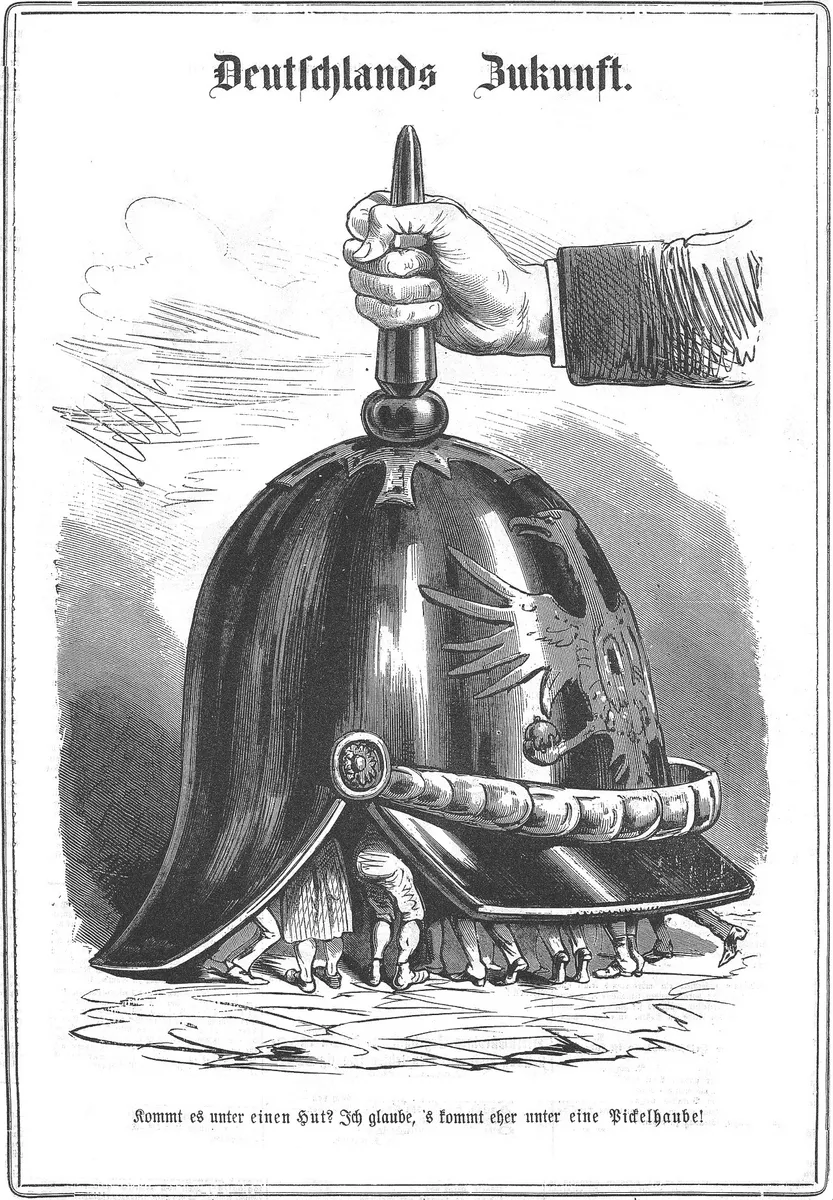 Deutschlands Zukunft, 1870, Karikatur in der österreichischen Satirezeitschrift Kikeriki mit der Bildunterschrift: „Kommt es unter einen Hut? Ich glaube, ’s kommt eher unter eine Pickelhaube!“