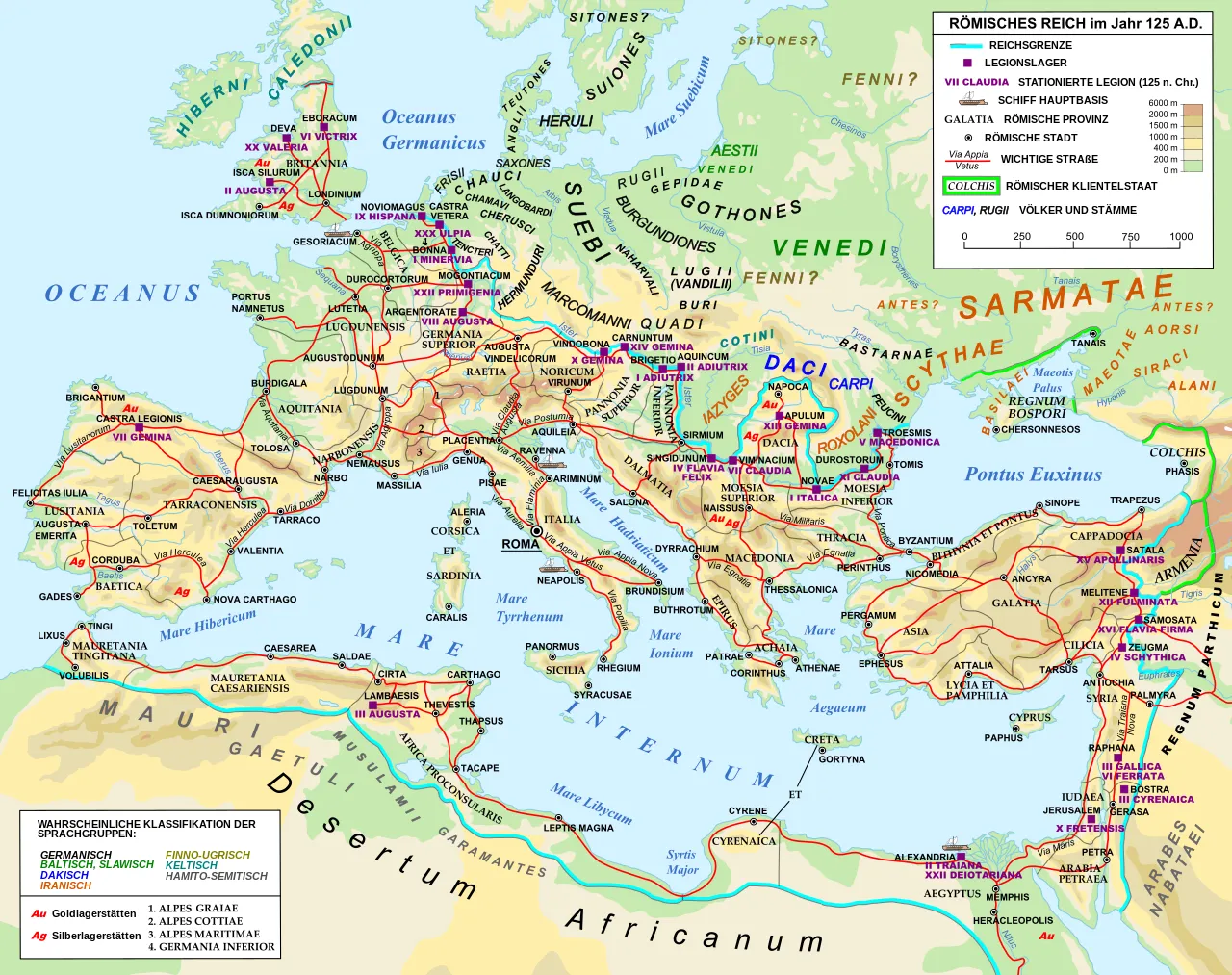 Übersicht des Straßennetzes im Römischen Reich im Jahre 125 n. Chr. (siehe auch Liste der Römerstraßen) unter Kaiser Hadrian:Römerstraße Grenze des Imperium romanum Römisches Militärlager (Legionslager)Römische Stadt