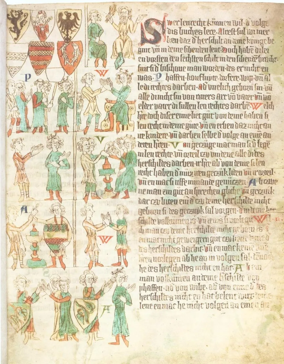 Die Heerschildordnung des Eike von Repgow bietet eine Standesgliederung der mittelalterlichen Gesellschaft, Heidelberg, Universitätsbibliothek, Cod. Pal. Germ. 164, fol. 1r