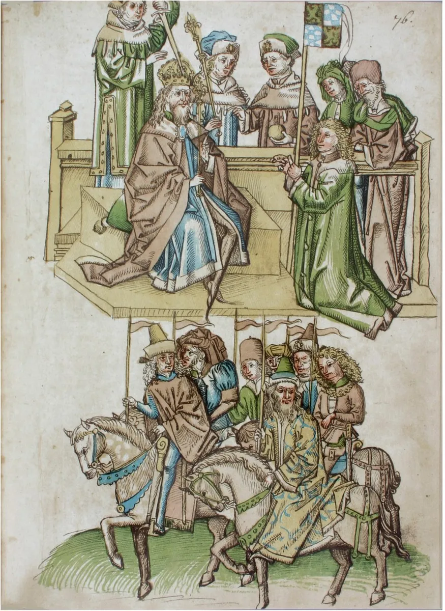Darstellung in der Richental-Chronik (um 1464): König Sigismund belehnt den Kurfürsten Ludwig III. auf dem Konzil von Konstanz mit der Kurpfalz als Fahnlehen, symbolisiert durch die Fahne.