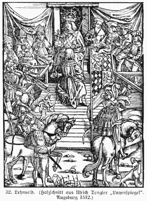 Holzschnitt aus Ulrich Tenglers „Laienspiegel“, „Deutsche Kultur des Mittelalters“, Augsburg 1512, Abnahme des Lehnseides
