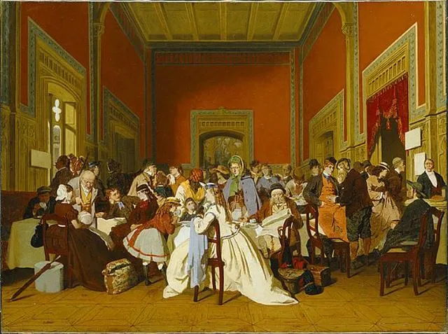 Wartesaal zweiter Klasse von Carl d’Unker, ca. 1865, Genrebild des Bürgertums im 19. Jahrhundert, Düsseldorfer Malerschule