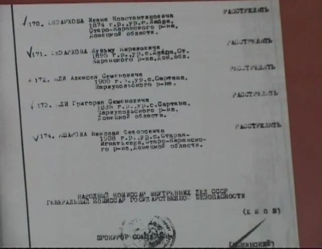 Ausschnitt aus einer der abgehakten Namenslisten des NKWD der „griechischen Operation“ (Januar 1938) in der Oblast Donezk mit Namen griechischer Deportationsopfer.