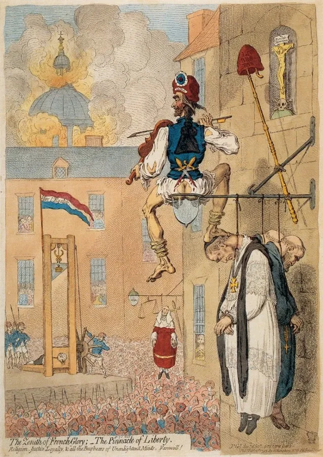 Karikatur auf die Schreckensherrschaft von James Gillray (1793): „Der Zenit des französischen Ruhms: Der Gipfel der Freiheit. Religion, Gerechtigkeit, Treue und all ihr Schreckgespenster unaufgeklärter Geister, lebt wohl!“