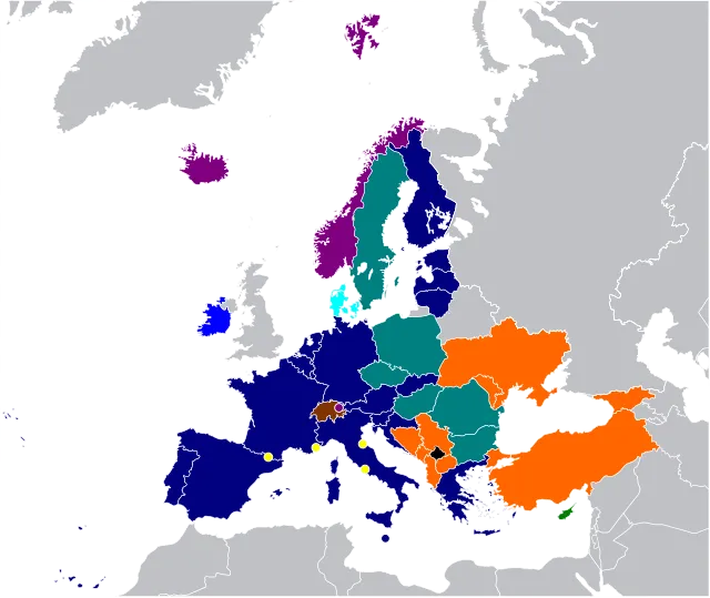 Karte verschiedener europäischer IntegrationsebenenEU, Schengen, EWU, AFSJ (Alle Abkommen)EU, Schengen, AFSJEU, EWU, AFSJEU, SchengenEU, EWUEWR, SchengenSchengen, Bilaterale VerträgeEU-Kandidaten, einige AbkommenMikrostaaten, einige AbkommenSAA