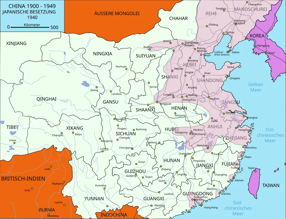Die Kriegssituation im Jahr 1940:﻿Unter japanischer Herrschaft im Jahr 1930﻿Ehemals chinesisches Territorium unter japanischer Herrschaft im Jahr 1940