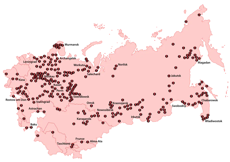 Karte mit Lager-Industriekomplexen des Gulag auf dem Territorium der Sowjetunion (Stand März 1953)