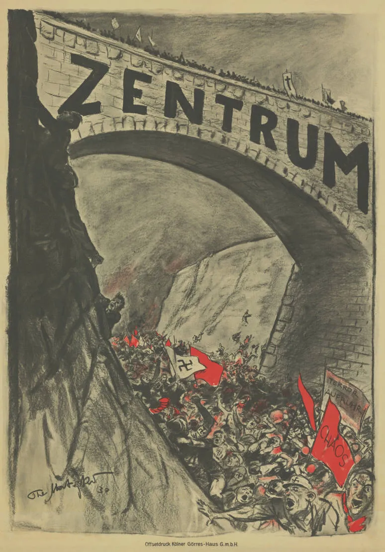 Wahlplakat der Partei "Zentrum" zur Reichstagswahl 1930 - Grafik von Theo Matjeko - Textelemente: Terror, Aufruhr, Chaos