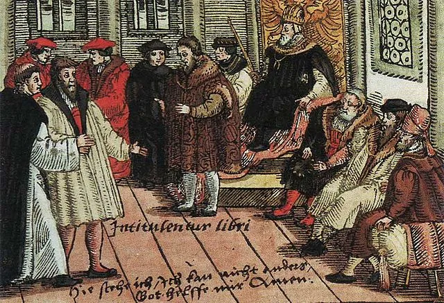 Luther auf dem Reichstag zu Worms. Kolorierter Holzschnitt von 1556