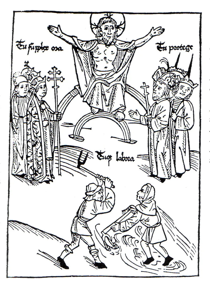 Darstellung der spätmittelalterlichen Ständeordnung. Holzschnitt von Jacob Meydenbach aus Prognosticatio von Johannes Lichtenberger, 1488. Christus auf dem Regenbogen segnet die drei Stände Klerus (links), Adel (rechts) und Bauern (unten). Aufschrift: "Tu supplex ora, tu protege, tuque labora" (Du bete demütig, du schütze, und du arbeite).