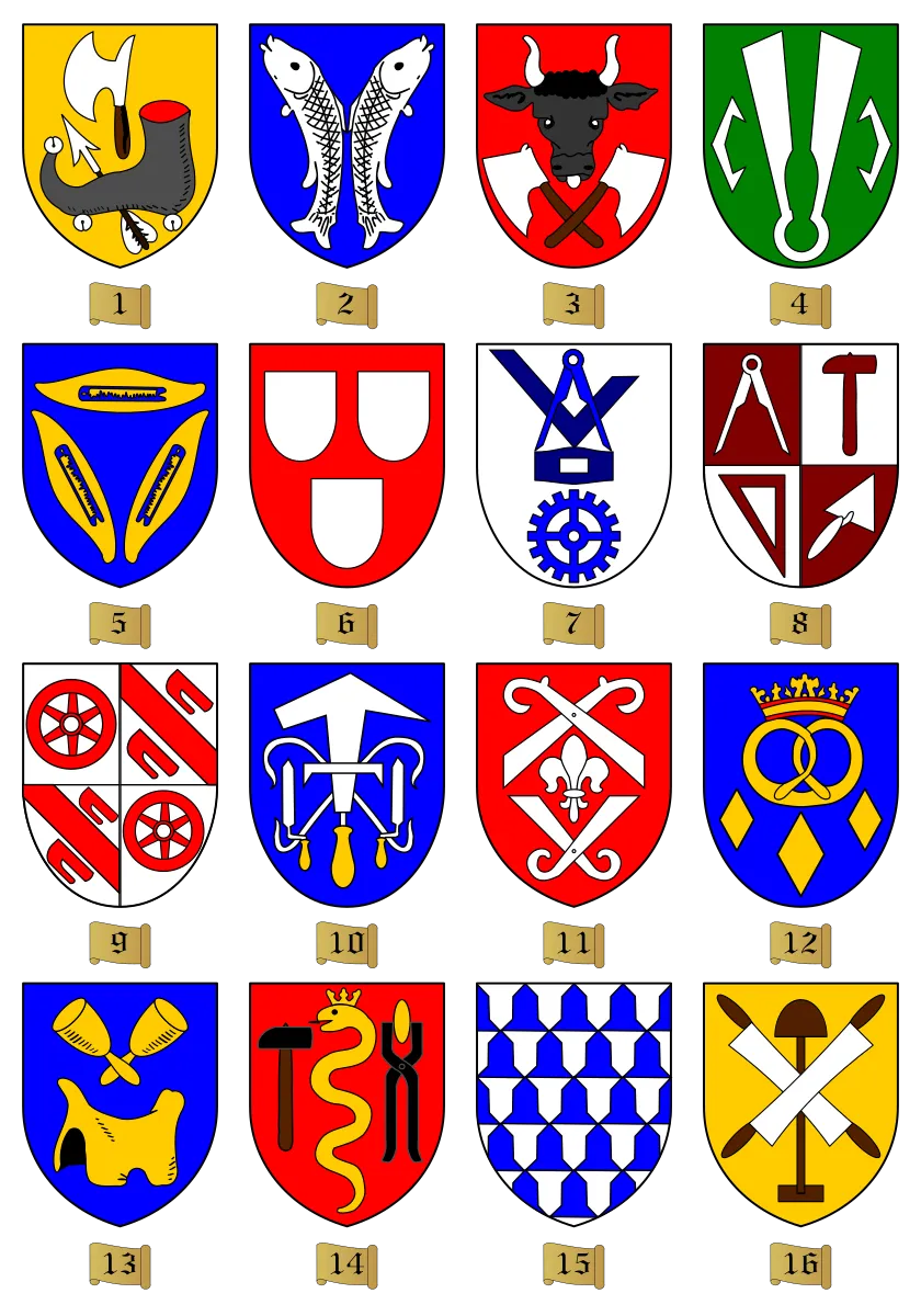 Bildtafel von Wappen verschiedener Handwerkszünfte:1.Schuster2.Fischer3.Schlachter4.Tuchmacher5.Weber6.Maler7.Müller8.Maurer9.Zimmerer10.Dachdecker11.Schneider12.Bäcker13.Sattler14.Schmiede15.Kürschner16.Gerber