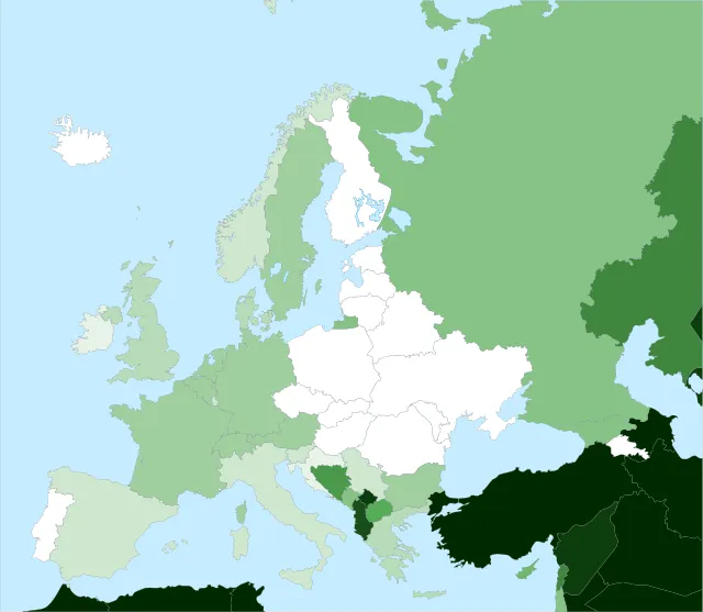 Anteil von Muslimen an der Gesamtbevölkerung (2011) <1 % (Belarus, Tschechien, Estland, Finnland, Ungarn, Island, Lettland, Litauen, Malta, Moldawien, Monaco, Polen, Portugal, Rumänien, Slowakei, Ukraine)1 %–2 % (Andorra, Kroatien, Irland)2 %–4 % (Italien, Luxemburg, Norwegen, Serbien, Slowenien, Spanien)4 %–5 % (Dänemark, Griechenland, Liechtenstein, Vereinigtes Königreich)5 %–10 % (Österreich, Belgien, Bulgarien, Frankreich, Deutschland, Niederlande, Schweden, Schweiz)10 %–20 % (Montenegro, Russland)20 %–30 % (Zypern)30 %–40 % (Mazedonien)50 %–55 % (Bosnien und Herzegovina)59 % (Albanien)90 %–95 % (Kosovo)>95 % (Türkei)
