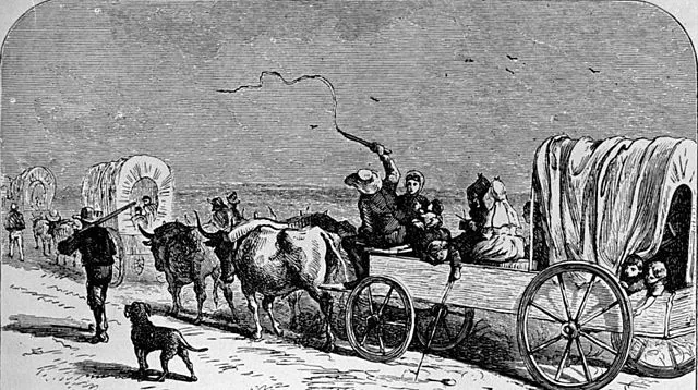 Deutsche Einwanderer auf dem Weg nach Neu-Braunfels (Zeichnung aus dem Jahr 1844)