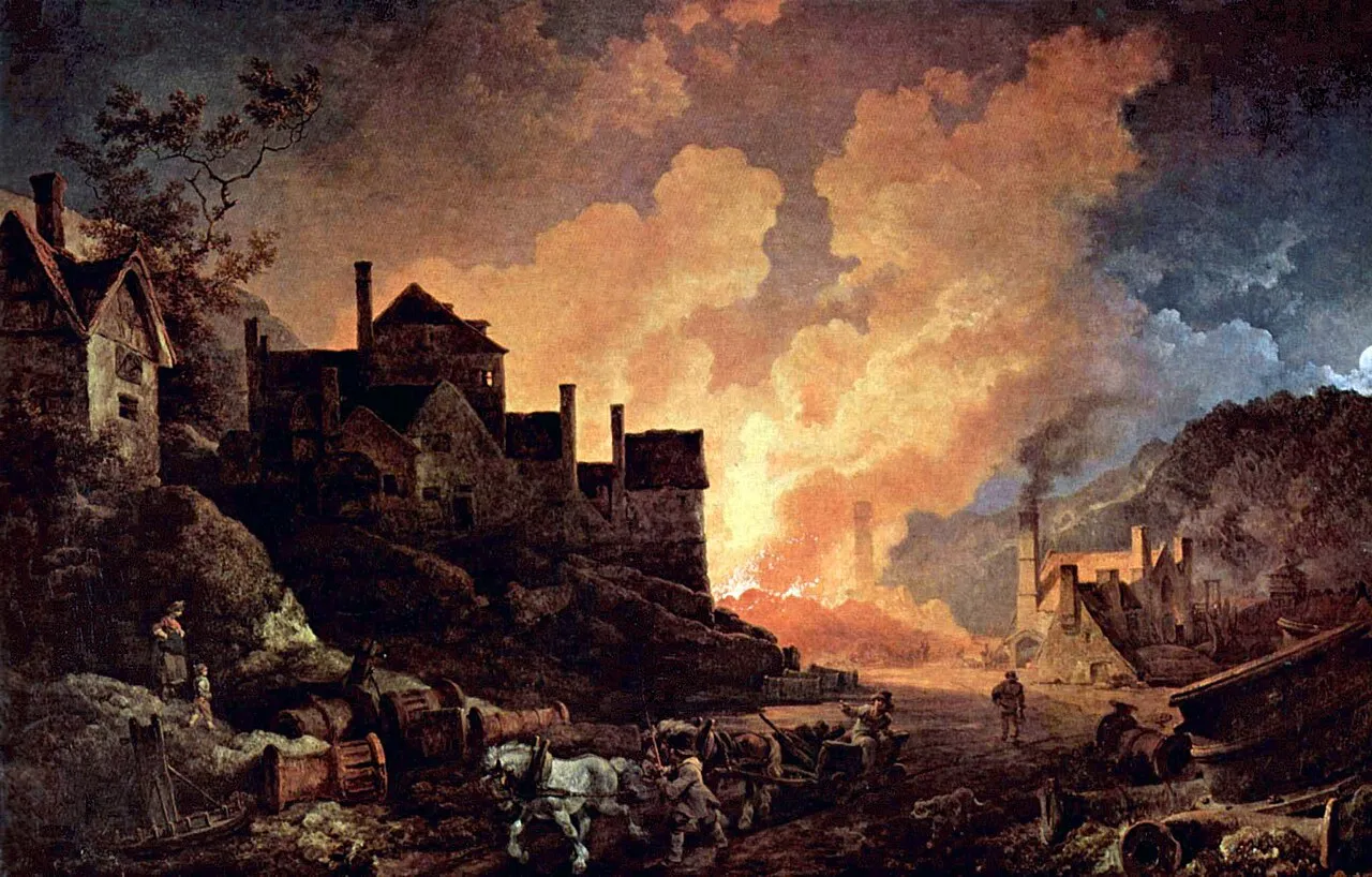Coalbrookdale by Night. Ölgemälde von Philipp Jakob Loutherbourg d. J. aus dem Jahr 1801. Coalbrookdale gilt als eine der Geburtsstätten der industriellen Revolution, da hier der erste mit Koks gefeuerte Hochofen betrieben wurde.