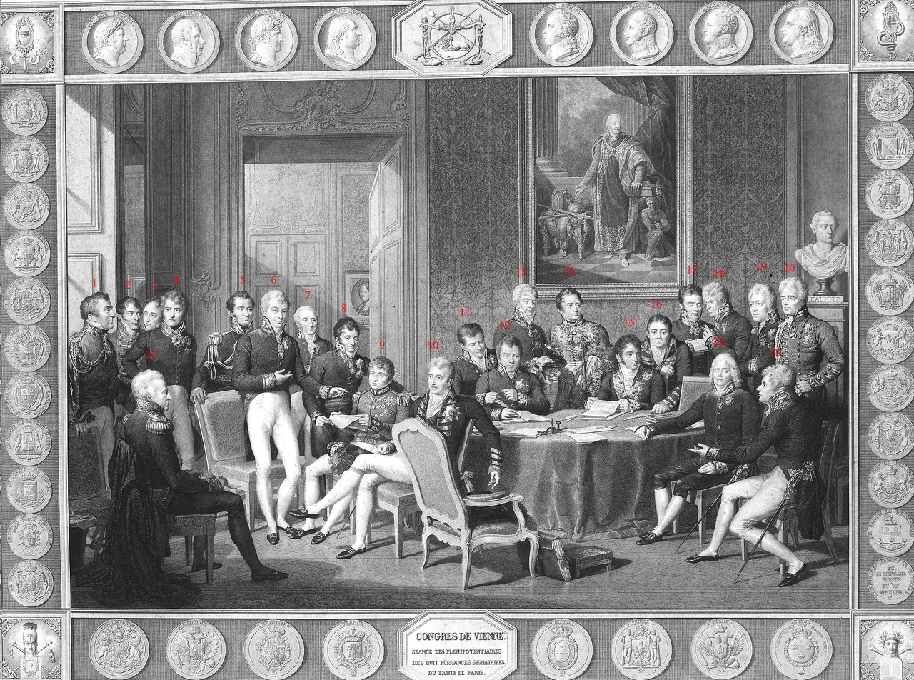 Delegierte des Wiener Kongresses in einem zeitgenössischen Kupferstich von Jean Godefroy nach dem Gemälde von Jean-Baptiste Isabey 1 Arthur Wellesley, 1. Duke of Wellington, 2 Joaquim Lobo da Silveira, 3 António de Saldanha da Gama, 4 Carl Axel Löwenhielm, 5 Paul-François de Noailles, 6 Klemens Wenzel Lothar von Metternich, 7 Frédéric-Séraphin de La Tour du Pin Gouvernet, 8 Karl Robert von Nesselrode, 9 Pedro de Sousa Holstein, 10 Robert Stewart, 2. Marquess of Londonderry, 11 Emmerich Joseph von Dalberg, 12 Johann von Wessenberg, 13 Andrei Kirillowitsch Rasumowski, 14 Charles Vane, 3. Marquess of Londonderry, 15 Pedro Gómez Labrador, 16 Richard Trench, 2nd Earl of Clancarty, 17 Nikolaus von Wacken, 18 Friedrich von Gentz, 19 Wilhelm von Humboldt, 20 William Cathcart, 1. Earl Cathcart, 21 Karl August von Hardenberg, 22 Charles-Maurice de Talleyrand-Périgord, 23 Gustav Ernst von Stackelberg