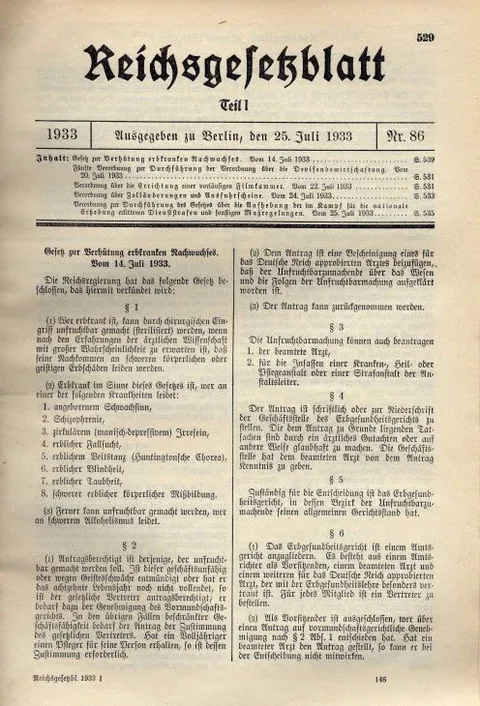 Das „Gesetz zur Verhütung erbkranken Nachwuchses“ im Reichsgesetzblatt vom 25. Juli 1933