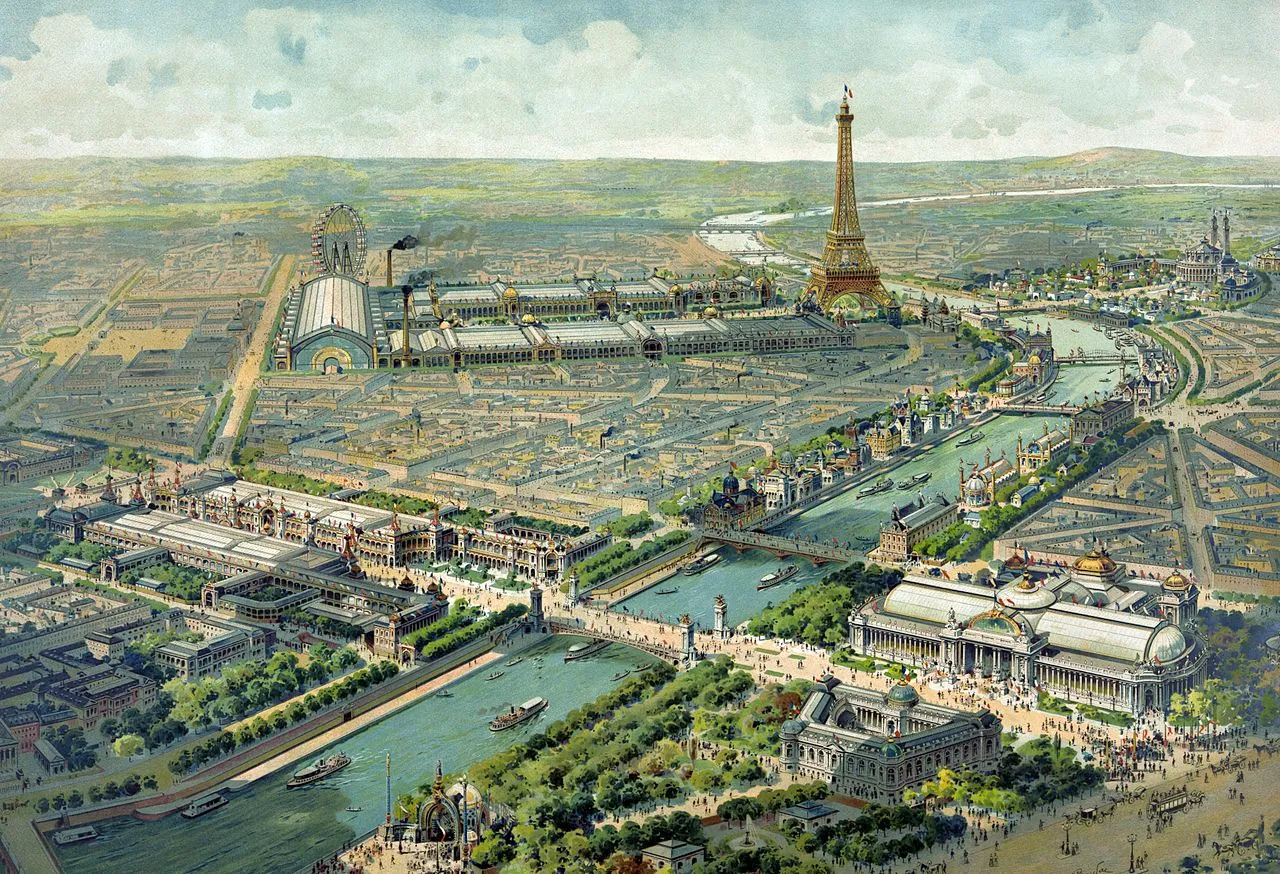 Panoramablick auf die Ausstellungsflächen der Pariser Weltausstellung von 1900 - Lithographie von Lucien Baylac 1900