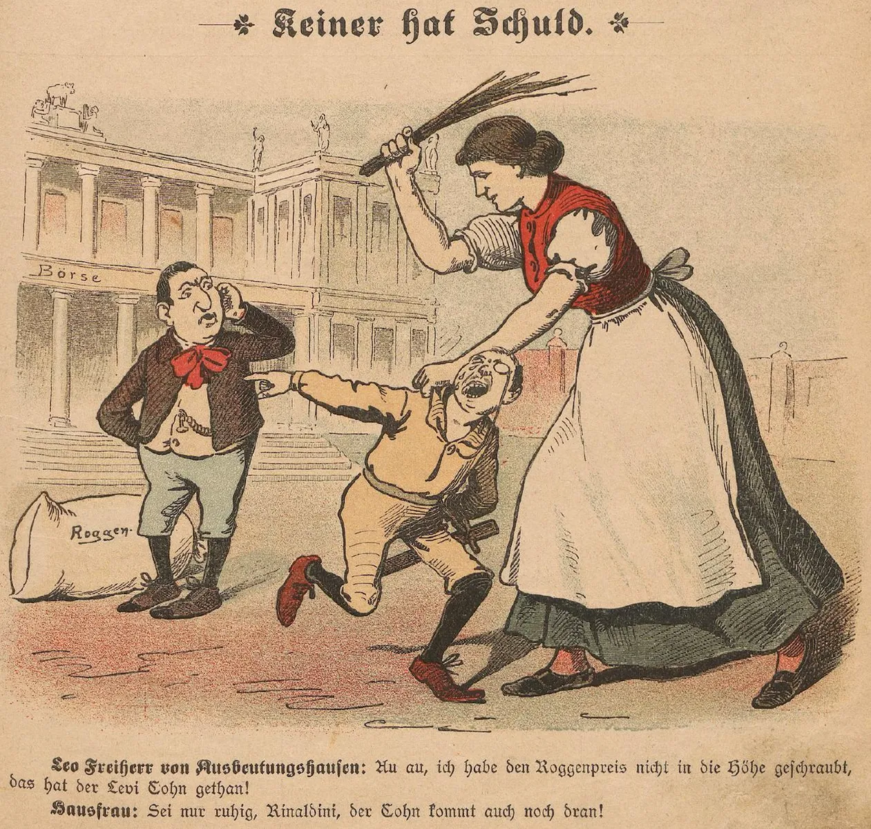 1891 illustriert das sozialdemokratische Witzblatt Der Wahre Jacob zustimmend die von den Antisemiten ausgegebene Parole „Gegen Junker und Juden“.