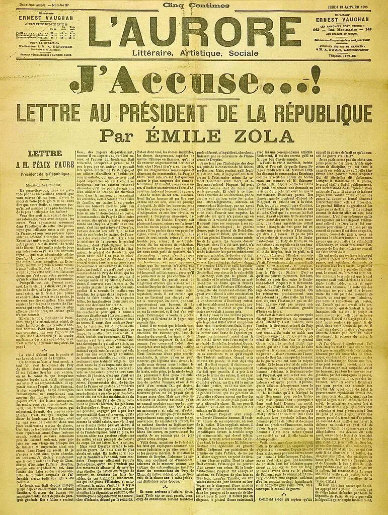 "J’accuse...!" - Offener Brief an Staatspräsident Faure zur Dreyfus-Affäre von Émile Zola - Titelseite der von Georges Clemenceau herausgegebenen Zeitung L’Aurore vom 13. Januar 1898