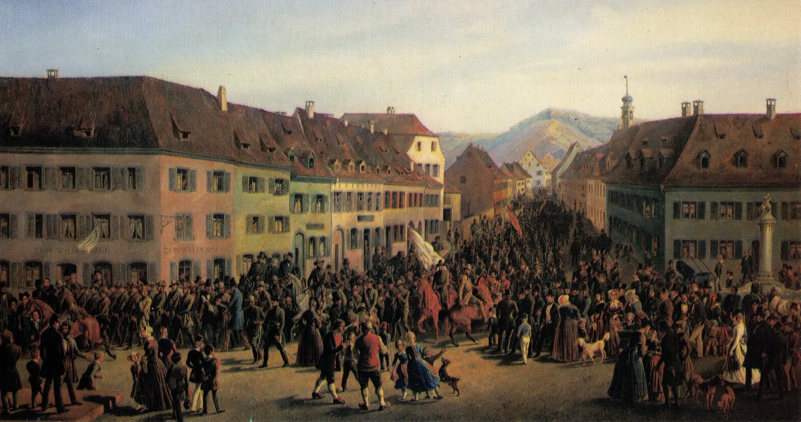 Einzug der Freischärler unter der Führung von Gustav Struve in Lörrach am 20. April 1848. Die Truppe war auf dem Weg zur Unterstützung des Hecker-Aufstands bei der Schlacht von Kandern am selben Tag.