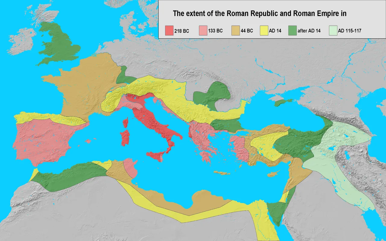 Die territoriale Expansion der römischen Republik über die Zeit, hier dargestellt mit dem Beginn 218 v. Chr. (218 BC dunkelrot) bis zu ihrem Ende 27 v. Chr. (after 14 AD grün) und dem Beginn des Prinzipat bzw. der römischen Kaiserzeit
