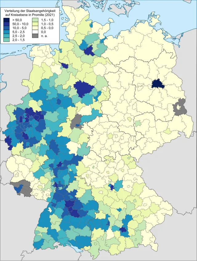 Regionale Verteilung der in Deutschland gemeldeten türkischen Staatsbürger (keine Doppelstaatler) 2021