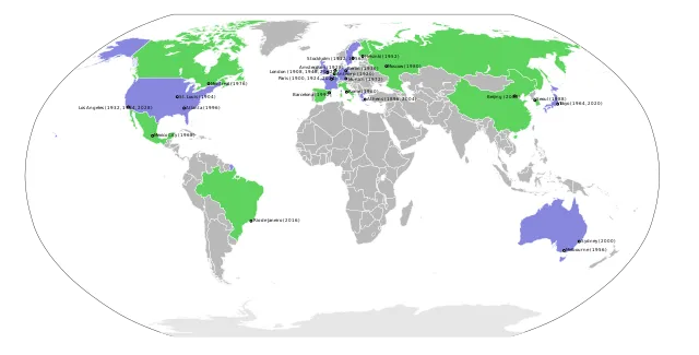 Übersicht der Austragungsorte Olympischer Sommerspiele (grün: Länder mit einer Austragung, blau: Länder mit zwei oder mehr Austragungen) - erstellt von NuclearVacuum - 2009 - Wikimedia Commons