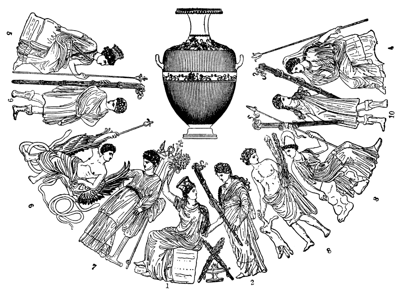 Ideale Darstellung der eleusinischen und athenischen Götter sowie eleusinischer Priester. Von einer antiken Zeichnung auf einer Vase (in der Bildmitte) gefunden in Cumae. 1. Demeter, 2. Persephone, 3.Athena, 4. Aphrodite, 5. Artemis, 6. Triptolemus (eleusinischer Held), 7. Hierophant (Oberpriester), 8. Der Tempelpriester, 9. Der Herold, 10. Möglicher weise Heakt mit zwei Fackeln. - Nordisk familjebok (1907), vol.7, p.379-380