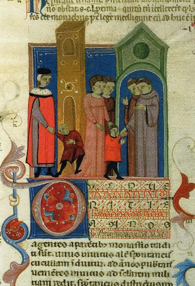 Knaben auf dem Weg in die Klosterschule. Bologneser Handschrift des Decretum Gratiani, kirchenrechtliche Fragen der Oblation illustrierend (14. Jahrhundert)