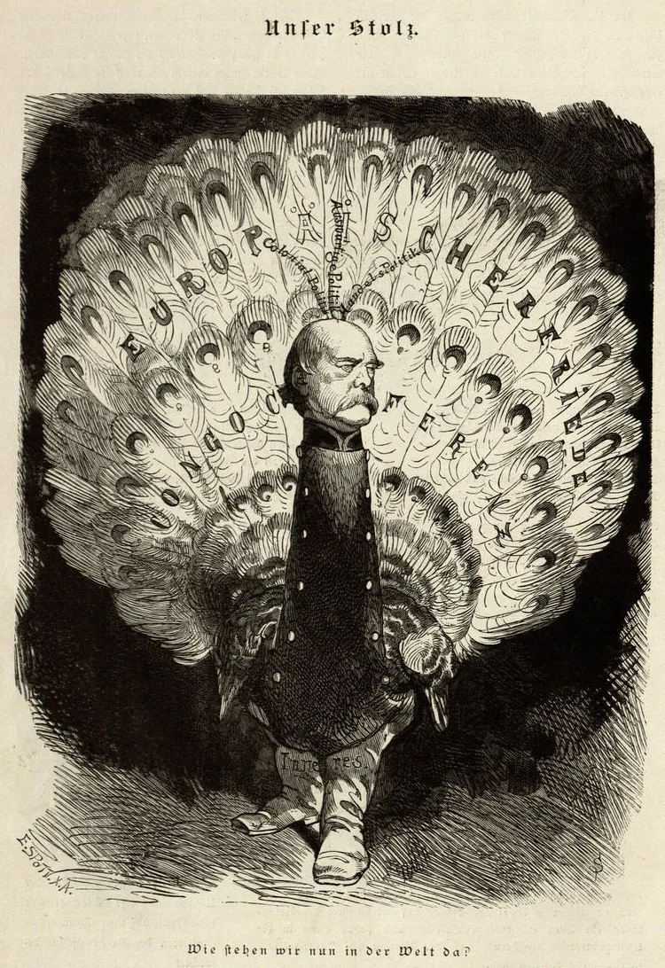 Karikatur „Unser Stolz.“ von Wilhelm Scholtz aus der Satirezeitschrift "Kladderadatsch" von 1884. Die Bildunterschrift lautet: „Wie stehen wir nun in der Welt da?“