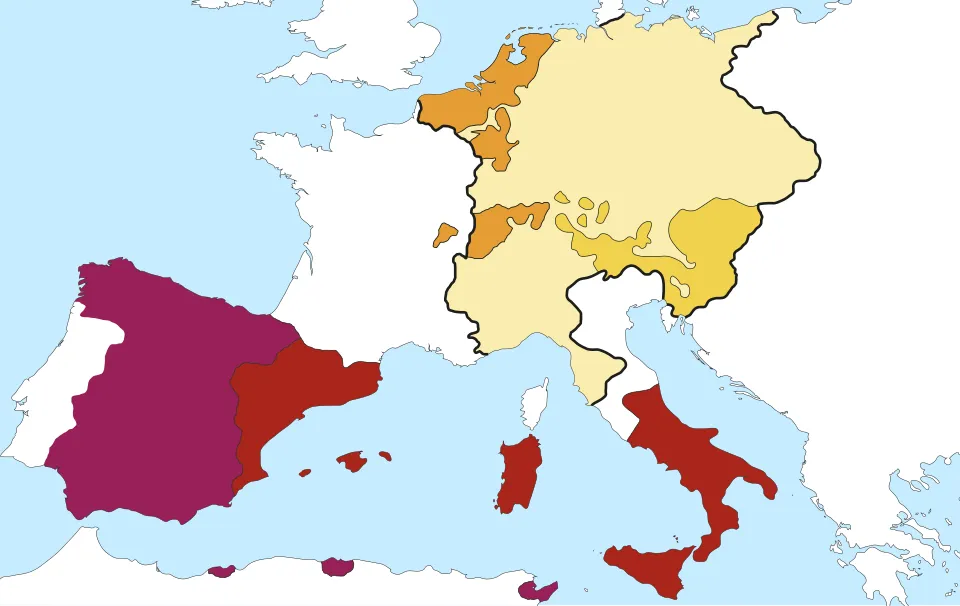 Europäischer Herrschaftsbereich Karls V., der im Jahre 1519 zum römisch-deutschen König bzw. Kaiser gewählt wurde. Die Karte zeigt, warum der Papst eine Umklammerung des Kirchenstaats fürchtete.﻿Kastilien (weinrot)﻿Besitzungen Aragons (rot)﻿Burgundische Besitzungen (orange)﻿Österreichische Erblande (gelb)﻿Heiliges Römisches Reich (blassgelb)
