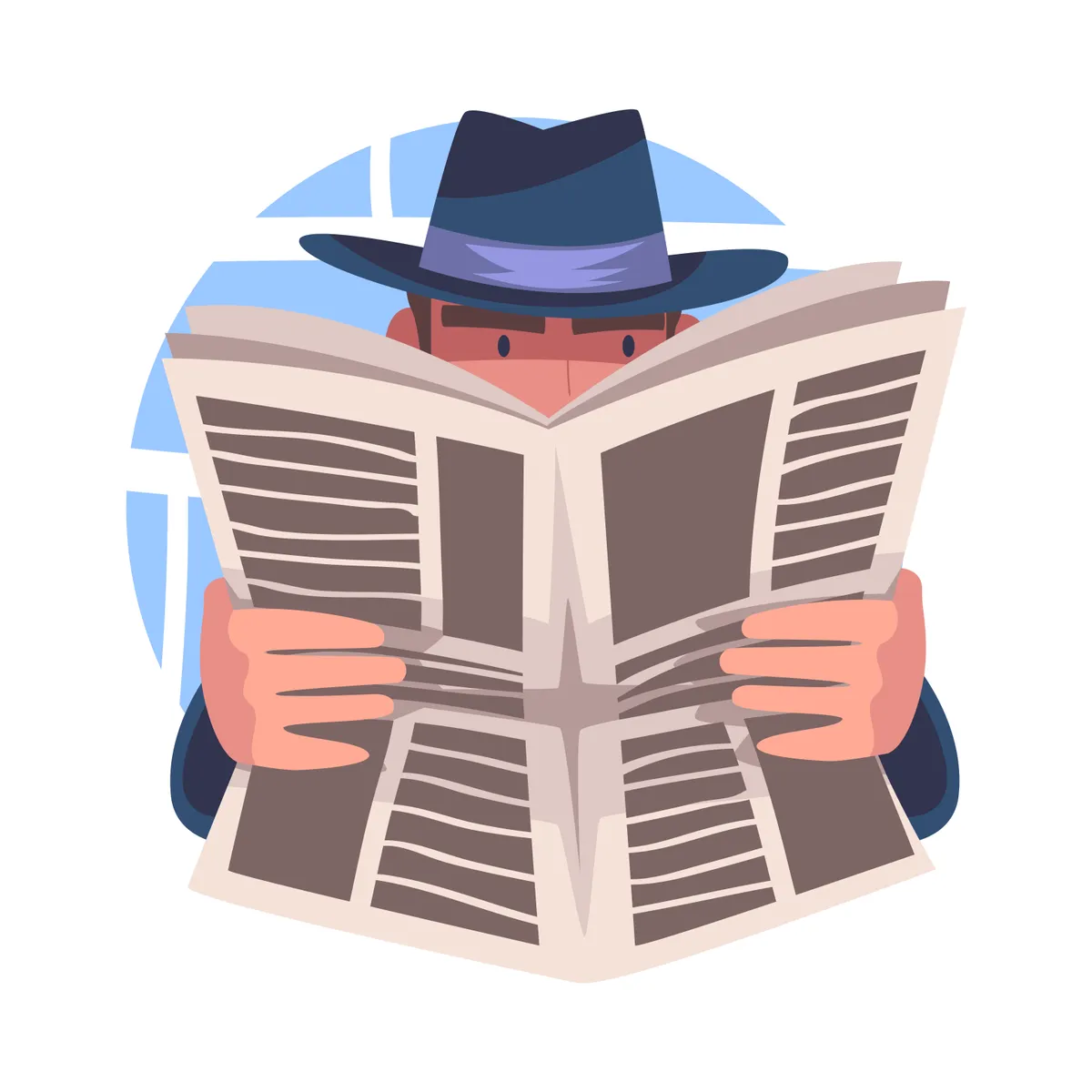 In der Illustration ist ein Mann dargestellt, der eine Zeitung liest. Er trägt einen Hut mit einem violetten Band. Seine Augen sind knapp über der Zeitung sichtbar, als ob er jemanden beobachtet oder etwas verdeckt macht. Der Hintergrund ist hellblau und kreisförmig, was die Szene hervorhebt. Die Zeitung hat mehrere Textspalten und der Mann hält sie mit beiden Händen.