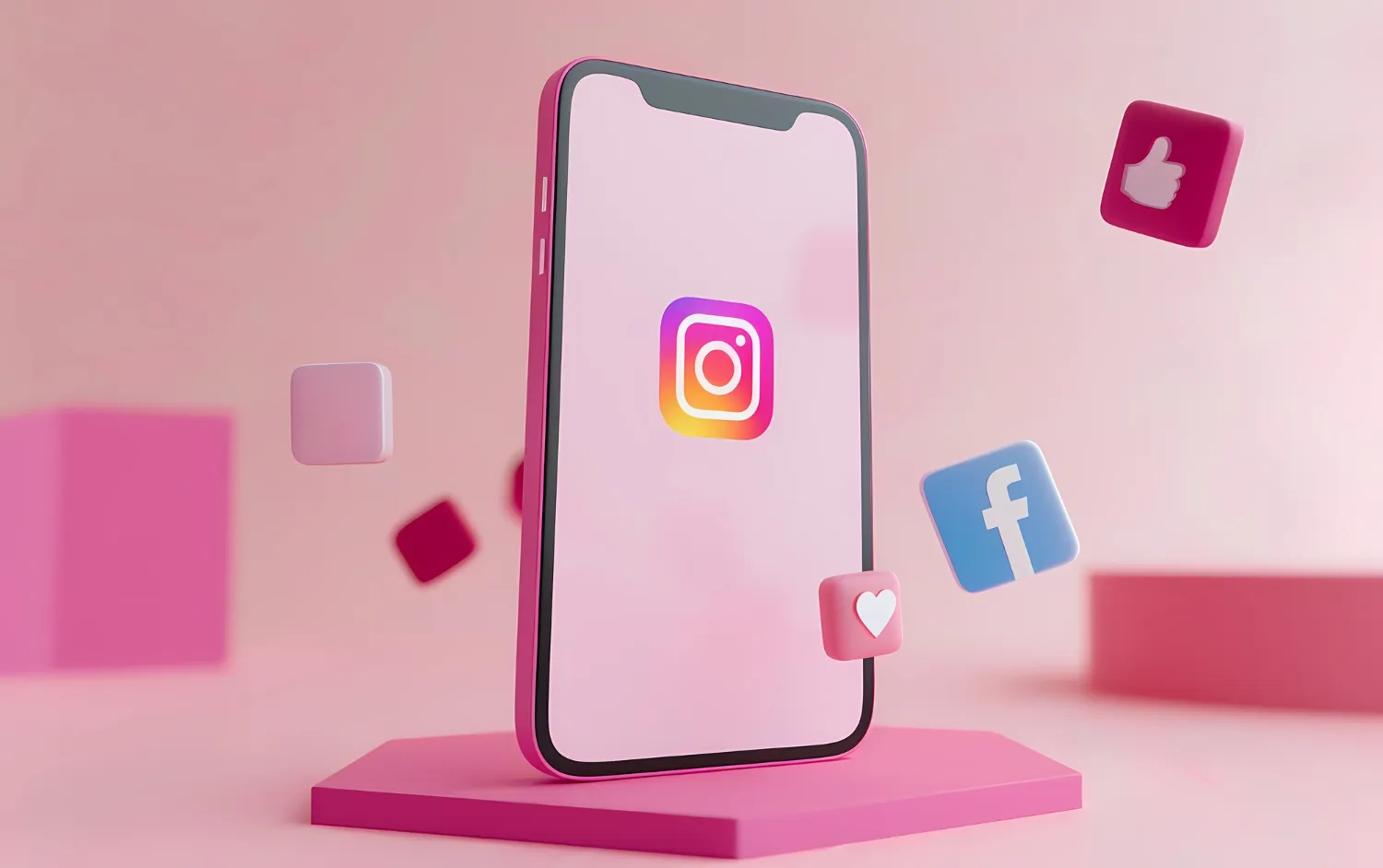 Das Bild zeigt ein stilisiertes Smartphone, das vertikal auf einem pinken sechseckigen Sockel steht. Auf dem Bildschirm des Smartphones ist das Instagram-Logo zu sehen. Um das Telefon herum schweben mehrere ikonische Symbole: ein pinker Würfel mit einem Daumen-hoch-Symbol, ein weißes Herz auf einem pinken Würfel sowie ein blaues Quadrat mit einem stilisierten "f", das Facebook repräsentiert. Der Hintergrund ist in einer rosa Farbpalette gehalten und wirkt sowohl modern als auch minimalistisch.