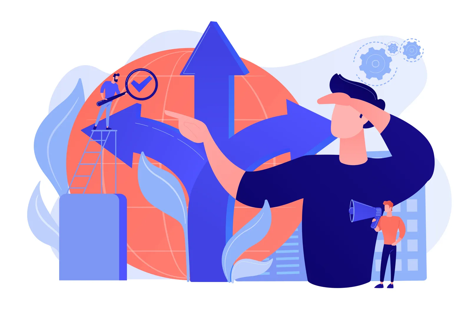 Das Bild zeigt eine abstrakte Illustration mit einem großen, stilisierten Mann im Vordergrund, der mit einer Hand seine Stirn abschirmt, als würde er in die Ferne sehen. Im Hintergrund sind große, blaue Pfeile, die in verschiedene Richtungen zeigen. Auf einem der Pfeile steht eine kleinere Figur, die ein Vergrößerungsglas mit einem Häkchen darin hält. Links sieht man eine Leiter, die zu dem Pfeil hinaufführt. Auch gibt es stilisierte Pflanzen und Zahnräder im Hintergrund, die ein Gefühl von Wachstum und Nachdenken vermitteln. Ein weiterer kleiner Mann steht rechts mit einem Megafon in der Hand. Die Farbpalette ist hauptsächlich in Blau- und Orangetönen gehalten.
