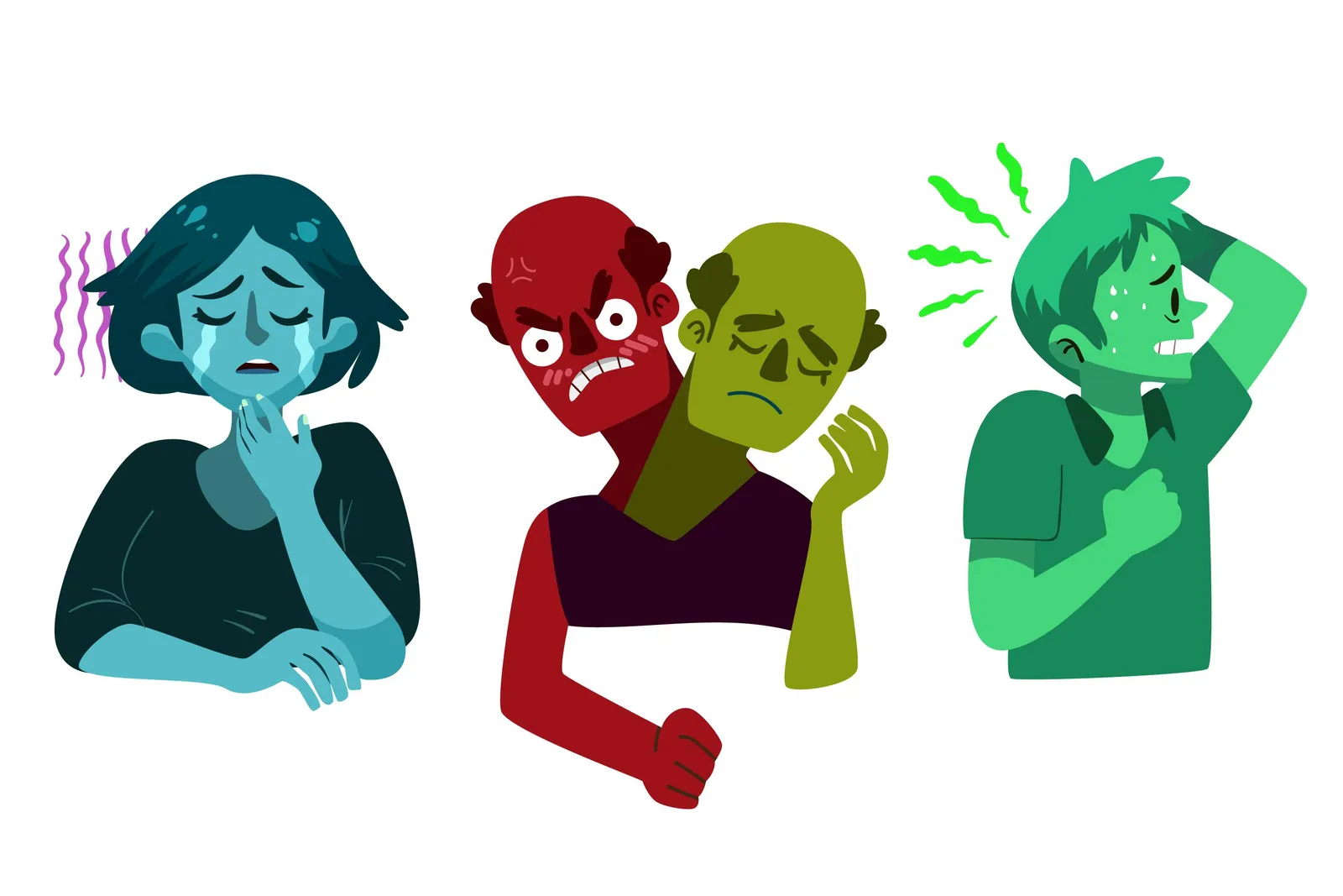 Das Bild zeigt drei farbig illustrierte Personen, die unterschiedliche Emotionen ausdrücken. 

Auf der linken Seite befindet sich eine blau dargestellte Frau mit kurzen Haaren, die traurig aussieht. Tränen laufen ihr über das Gesicht, und sie wirkt bedrückt.

In der Mitte steht eine Figur mit zwei Köpfen. Der eine Kopf ist rot und zeigt einen wütenden Gesichtsausdruck, während der andere Kopf grün und betrübt aussieht. Beide scheinen miteinander verbunden zu sein.

Rechts ist eine grüne männliche Figur zu sehen, die ängstlich wirkt. Er schwitzt und hat eine Hand auf der Brust, während er besorgt nach oben schaut. 

Alle drei Personen drücken verschiedene Emotionen aus und sind in lebendigen Farben gehalten.