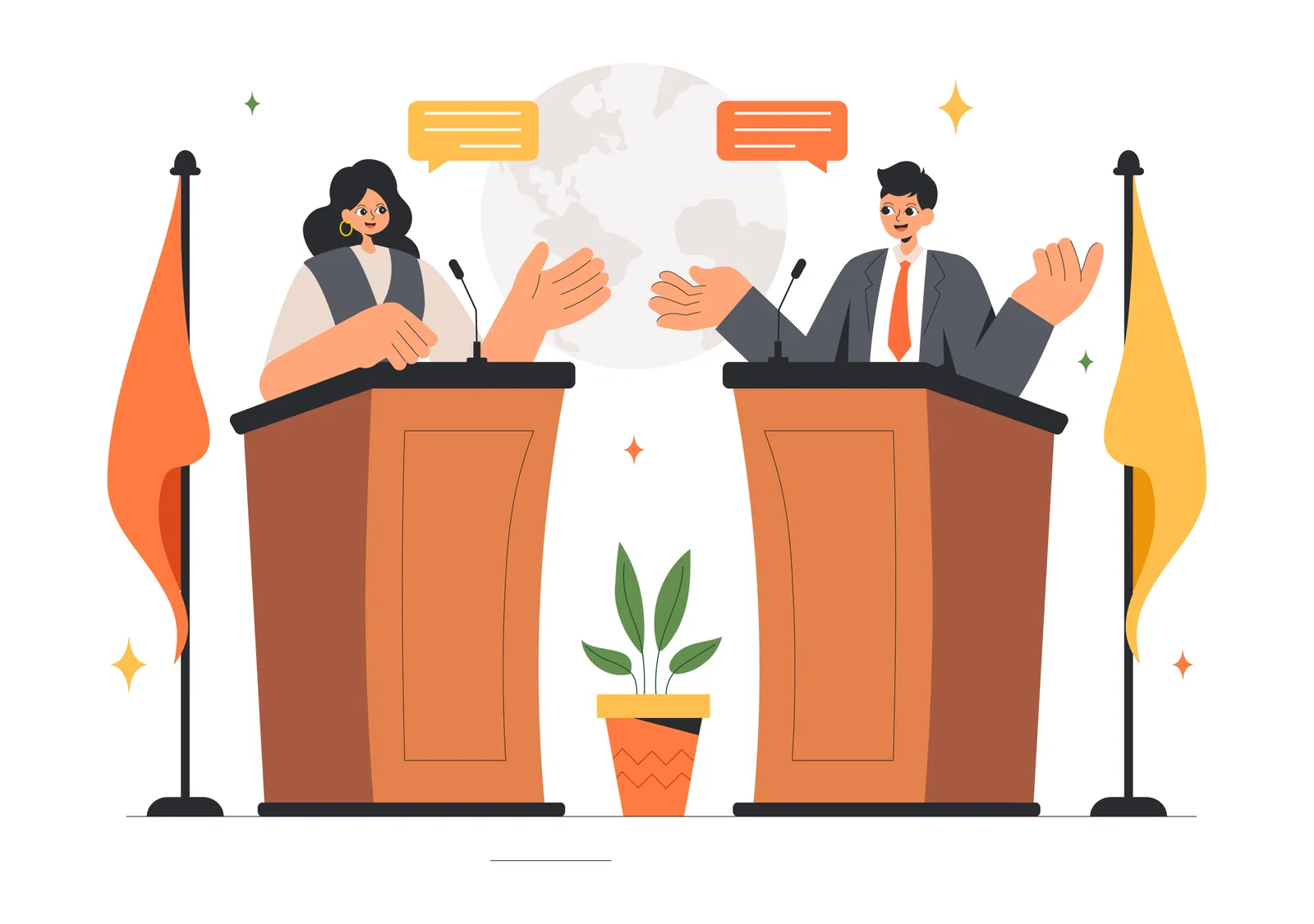 Das Bild zeigt eine Debatte zwischen zwei Personen. Beide stehen an einem Rednerpult. Auf der linken Seite befindet sich eine Frau mit dunklem Haar und großer Ohrringe, die ein Mikrophon vor sich hat. Auf der rechten Seite steht ein Mann in einem Anzug mit Krawatte. Beide gestikulieren mit den Händen. Im Hintergrund ist eine Weltkarte zu sehen. Über jedem Rednerpult befindet sich eine Sprechblase, die einen Dialog symbolisiert. Links und rechts sind Fahnen zu sehen, und in der Mitte steht eine Topfpflanze. Die Farben des Bildes sind hauptsächlich Orange, Gelb und Braun.