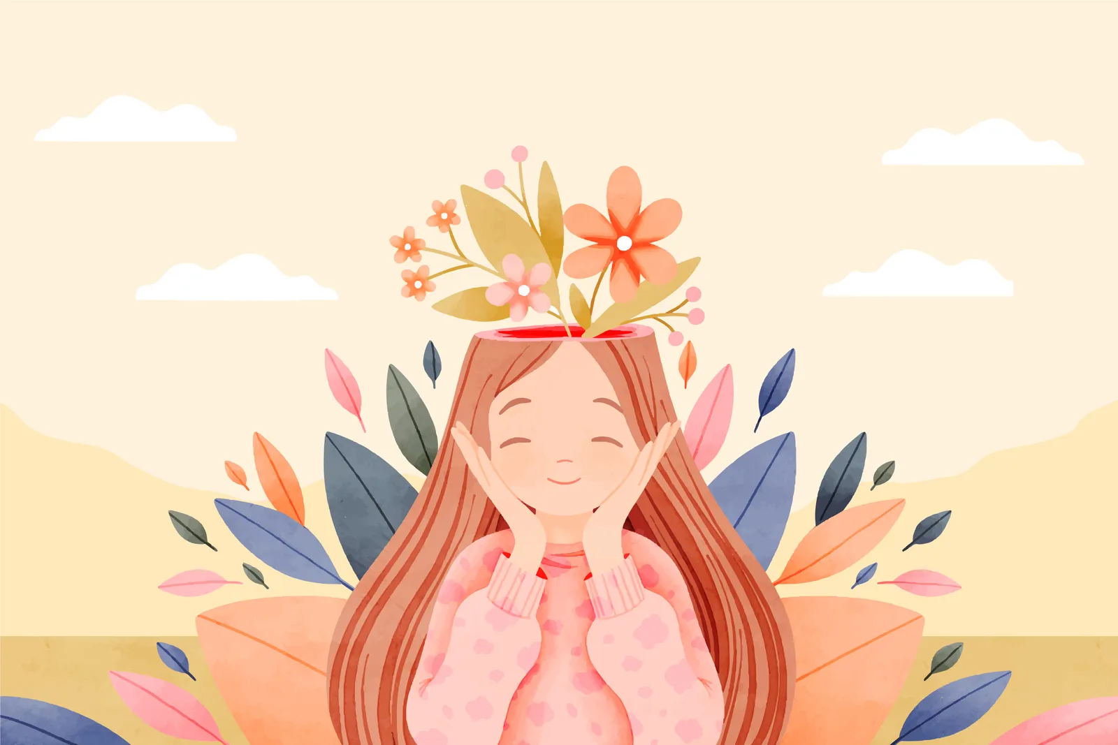 Das Bild zeigt eine stilisierte Illustration eines lächelnden Mädchens mit langen braunen Haaren. Das Mädchen hält ihre Hände an die Wangen. Aus ihrem geöffneten Kopf wachsen bunte Blumen und Blätter, umgeben von weiteren Pflanzen. Der Hintergrund ist hell und enthält einige stilisierte Wolken. Die Farbgebung ist weich und pastellartig, mit dominierenden Tönen in Rosa, Blau, Gelb und Orange.