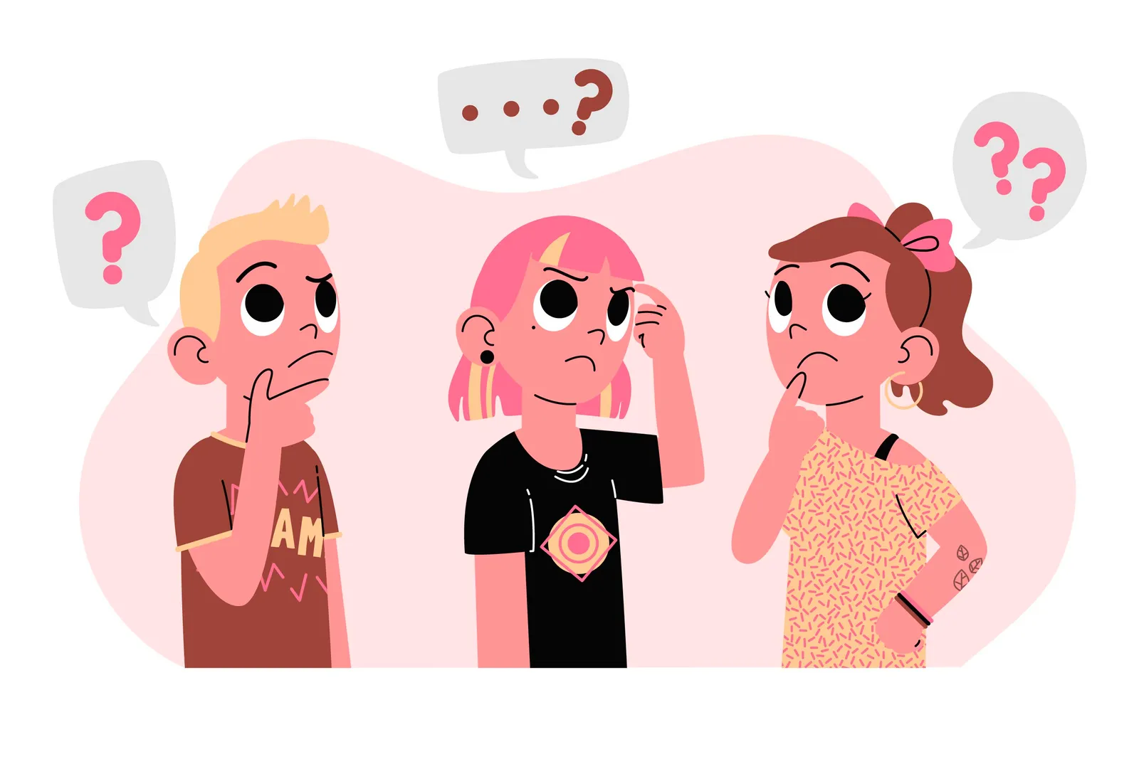 Das Bild zeigt drei animierte Personen, die nachdenklich aussehen. Die Person links hat blonde Haare und trägt ein braunes T-Shirt mit einem Muster darauf. Eine Sprechblase mit einem Fragezeichen ist über ihrem Kopf. Die mittlere Person hat pinkfarbene Haare und ein schwarzes T-Shirt mit einem Muster in der Mitte. Über ihrem Kopf ist eine Sprechblase mit Punkten und einem Fragezeichen. Die Person rechts hat braune Haare, die zu einem Zopf gebunden sind, und trägt ein Oberteil mit einem Muster. Über ihrem Kopf befinden sich zwei Fragezeichen in einer Sprechblase. Alle drei Personen scheinen sich zu fragen oder nachzudenken. Der Hintergrund ist rosa.
