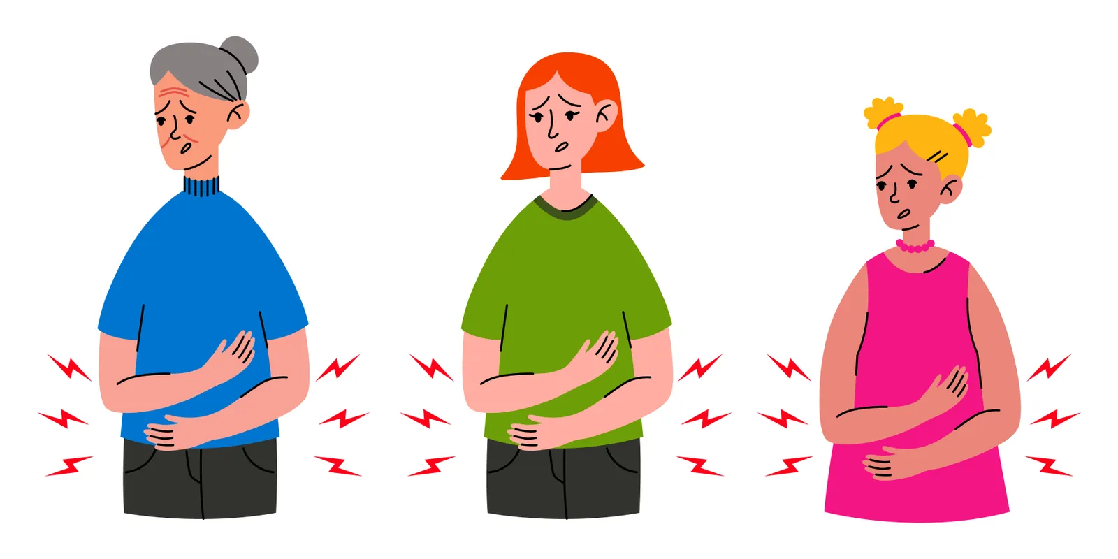 Das Bild zeigt drei Personen, die alle jeweils den Bauch mit einer Hand halten und besorgt aussehen. Die erste Person auf der linken Seite ist älter, hat graue Haare und trägt ein blaues Oberteil. Die mittlere Person hat kurze rote Haare und ein grünes T-Shirt. Die rechte Person ist ein jüngeres Mädchen mit blonden Haaren in zwei Zöpfen und trägt ein pinkes Kleid. Um die Bäuche der Personen sind rote Zickzack-Linien, die Bauchschmerzen darstellen könnten.