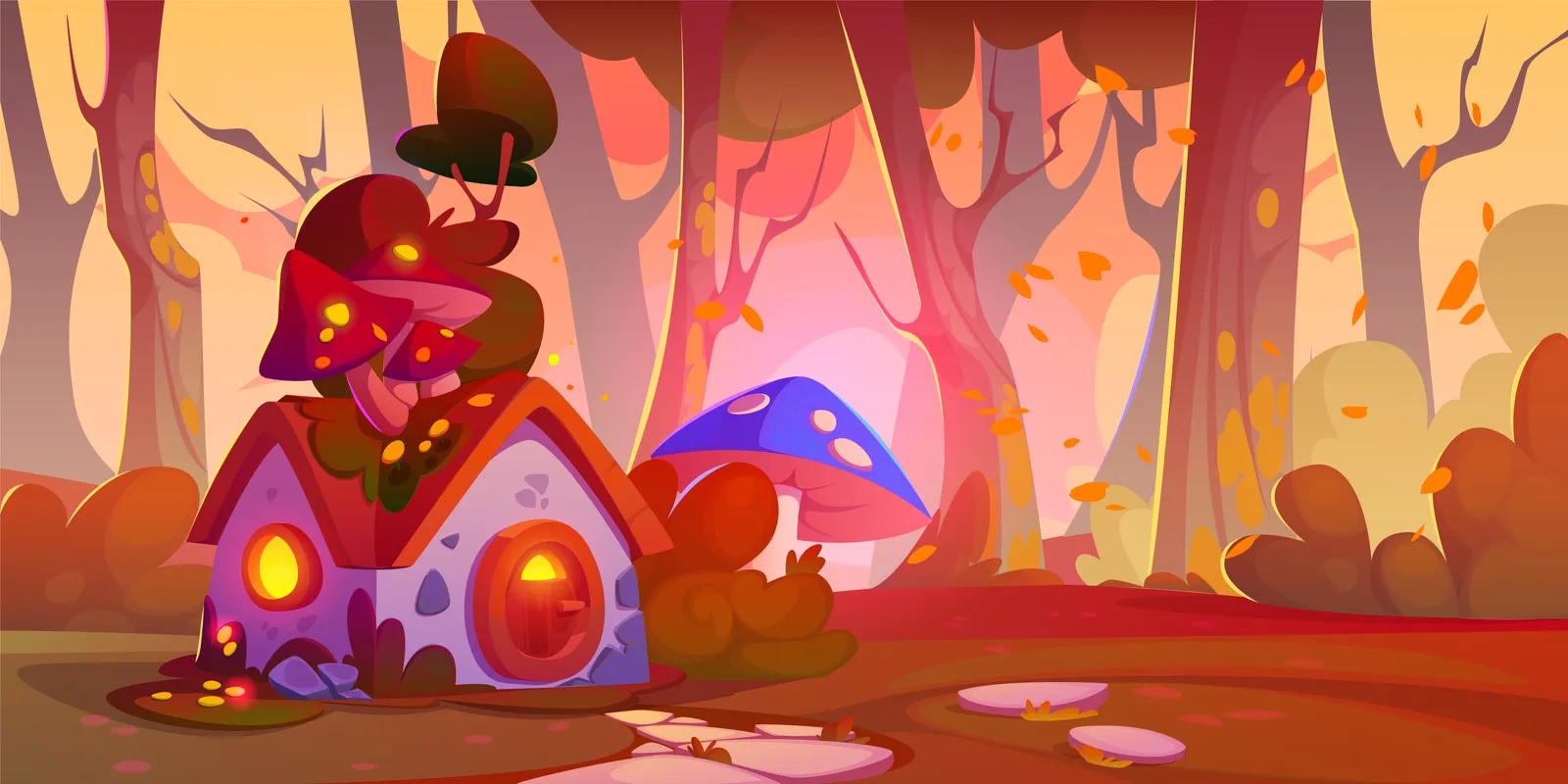 Das Bild zeigt eine märchenhafte Waldszene mit warmen Farben. Im Vordergrund steht ein kleines, gemütliches Haus mit einem Dach aus stilisierten Pilzen. Das Haus hat runde Fenster, aus denen warmes Licht strömt. Große, bunte Pilze und fantasievolle Pflanzen umgeben das Haus. Im Hintergrund sind hohe, schlanke Bäume mit orangefarbenen Blättern zu sehen, die sanft im Wind zu verwehen scheinen. Die Atmosphäre wirkt magisch und einladend.