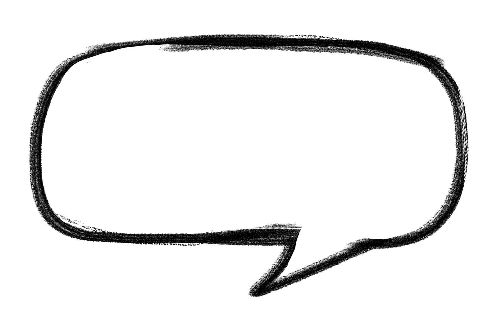 Das Bild zeigt eine schwarze Sprechblase mit einem groben und ungleichmäßigen Rand. Die Form ist breit und horizontal ausgerichtet, mit einem spitzen Ausläufer unten rechts, der auf eine sprechende Person hinweisen könnte. Der Hintergrund ist weiß, und die Sprechblase ist leer, ohne Text oder Bildinhalte.