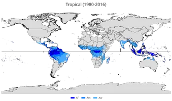Regionen mit tropischem Klima nach Köppen und Geiger: ﻿Tropisches Regenwaldklima (Af) ﻿Tropisches Monsunklima (Am) ﻿Tropisches Savannenklima (Aw)